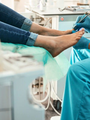Cropped head portrait of unrecognized patient sitting on the medical chair while doctor in blue cloves examining feet in beauty center